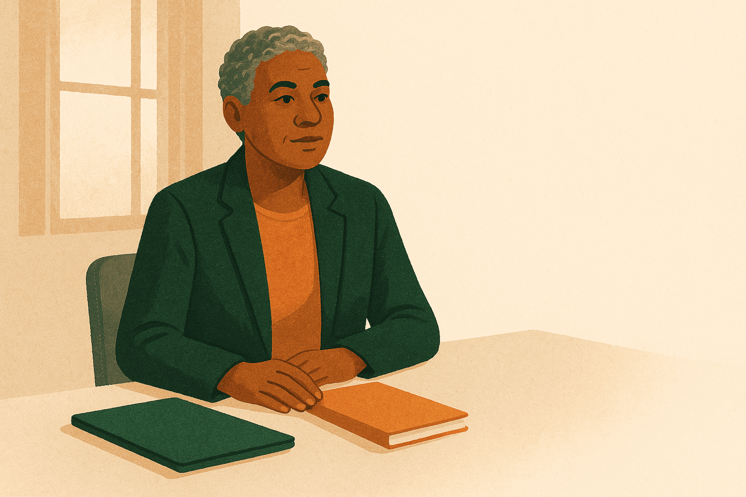 Illustration of a senior account executive composed at a desk with two notebooks.