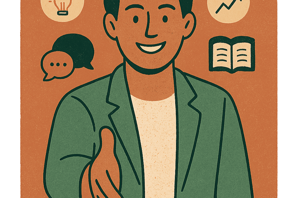 Illustration of a friendly account executive with an open hand and idea, growth and conversation icons.