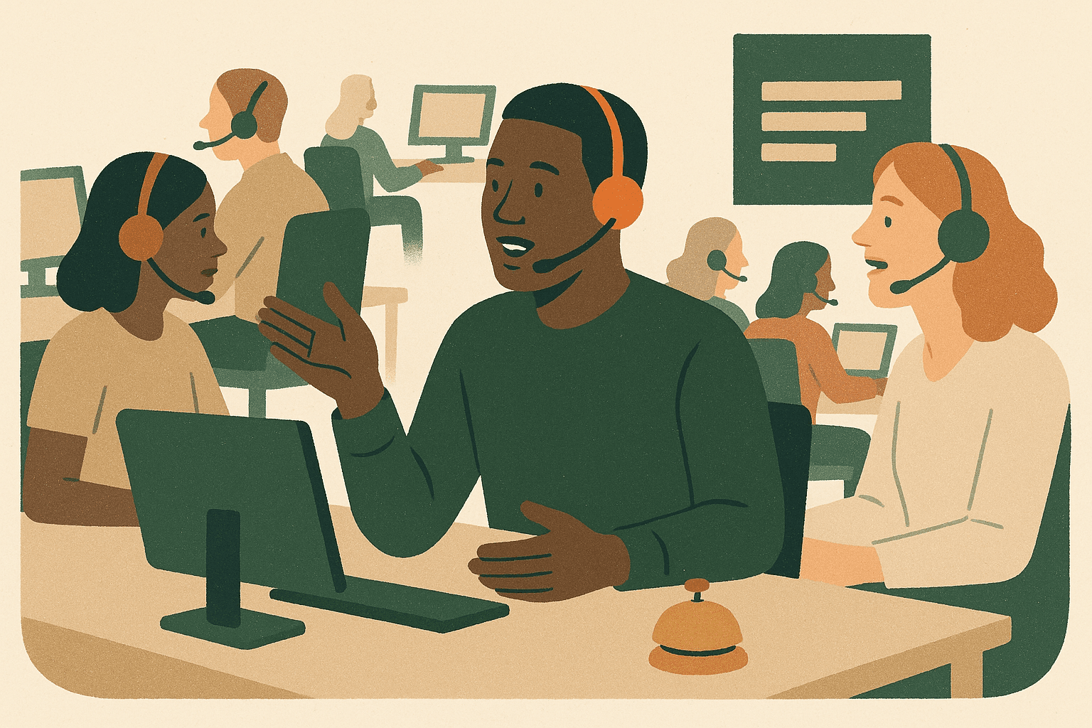 Illustration of a busy call floor with a headset and the demo-booked bell.