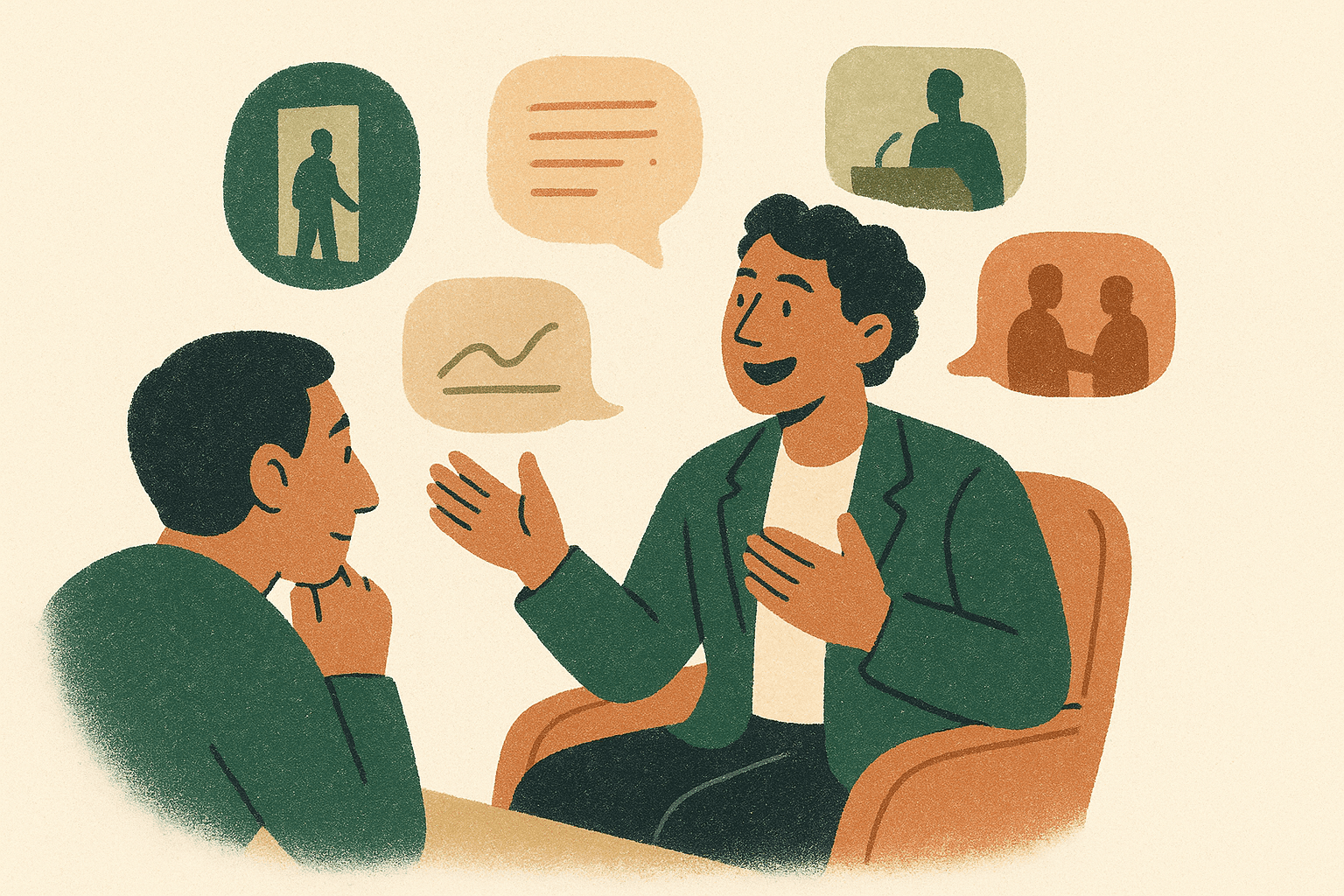 Illustration of two people in a discovery conversation with speech bubbles, the Quota.ai scenario.