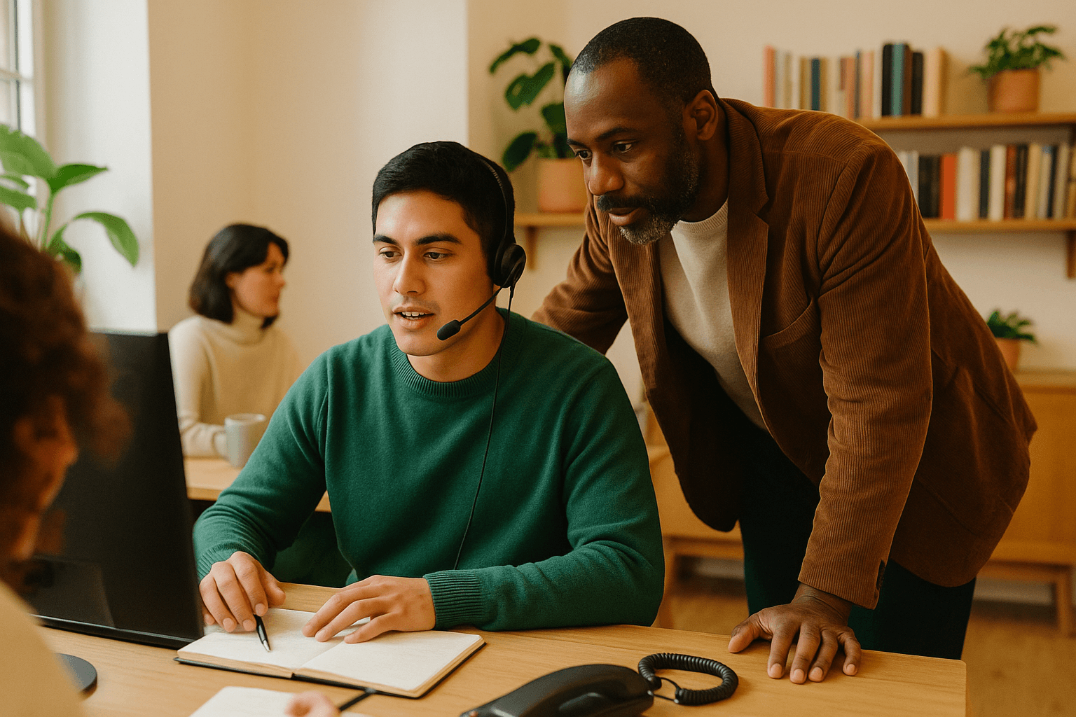 A sales rep on a headset being coached by a colleague at a desk