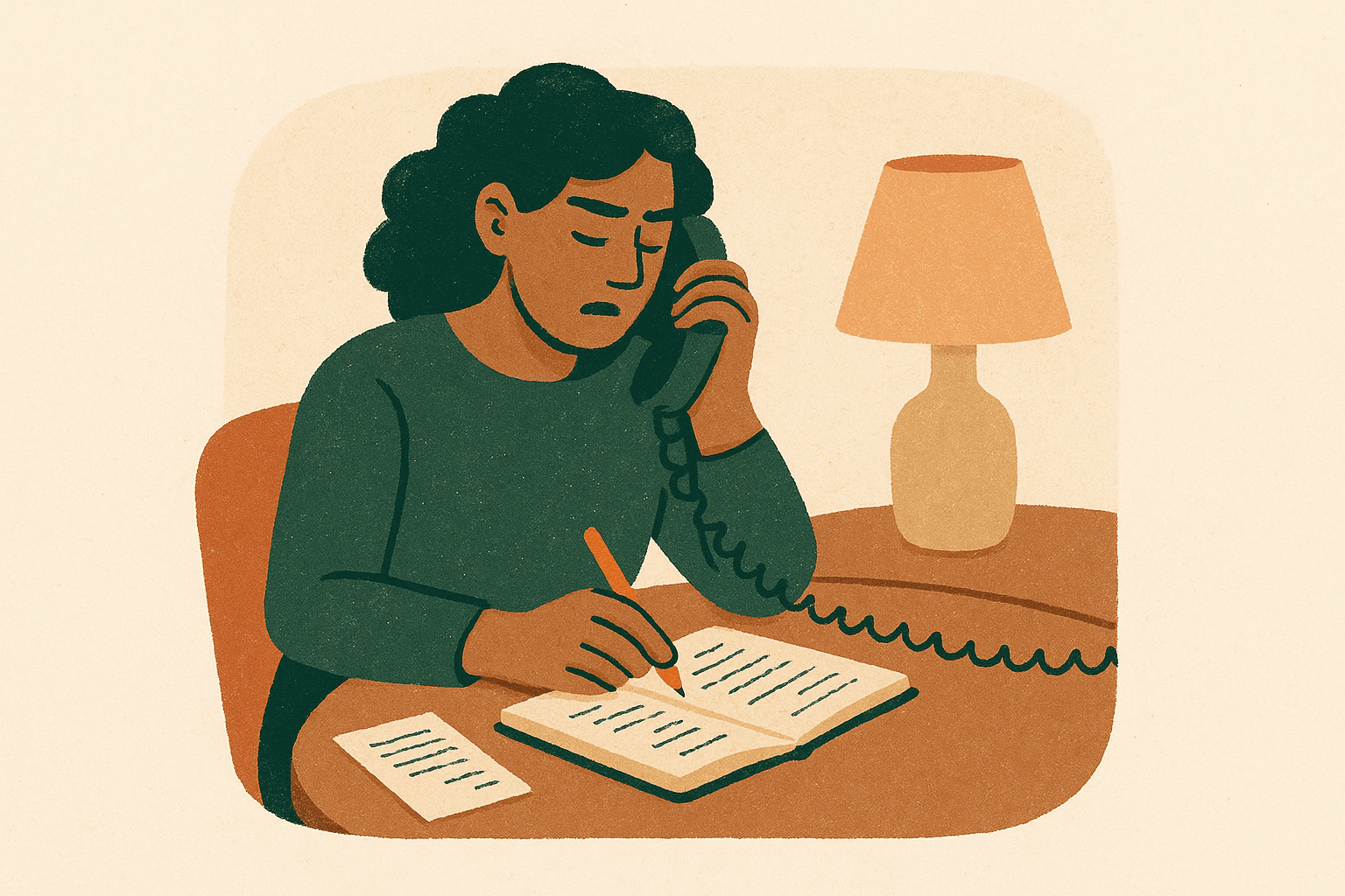 Illustration of a person practising a sales call at a kitchen table in the evening, taking notes